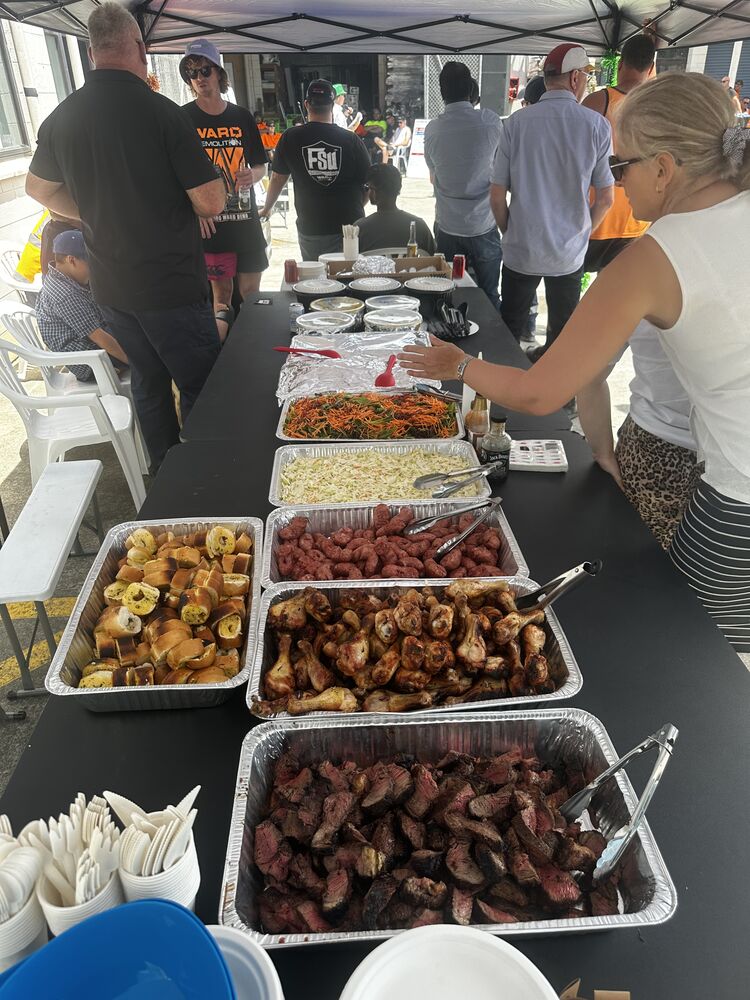 Full BBQ buffet spread at a catered event